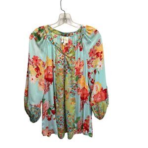 Fig and Flowers Bohemian Floral Print Tunic Top With 3/4 Sleeves & Button Accent